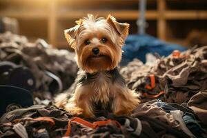 Yorkshire terrier with wool lying around him. AI Generated photo