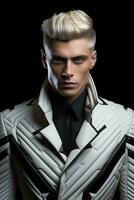 Portrait of fashion caucasian male model, in style of futurism fashion, black background. AI Generated photo