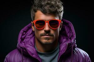 Neon portrait of young man in round sunglasses and hoodie. Studio shot. AI Generated photo