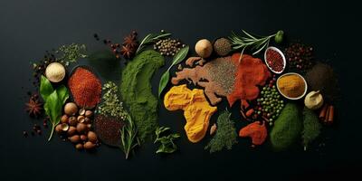 Spices and herbs around the world in the shape of a world map on a dark background. Top view. Creative photo banner. AI Generated