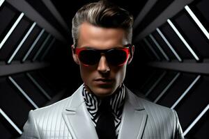 Portrait of fashion caucasian male model, in style of futurism fashion, black background. AI Generated photo