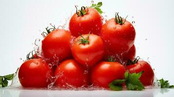 Sliced tomatoes float horizontally on top of each other in the air in white background. AI Generated photo