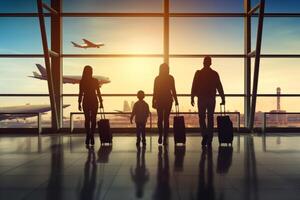 familia viajar, exhibiendo silueta cifras de familia miembros dentro un aeropuerto Terminal. ai generado foto