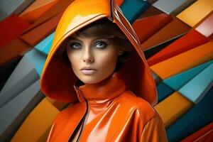 retrato de Moda caucásico modelo, en estilo de futurismo moda, saturado color . ai generado foto