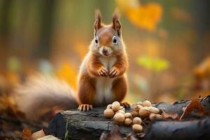 Cute squirrel character at home acorns. AI Generated photo