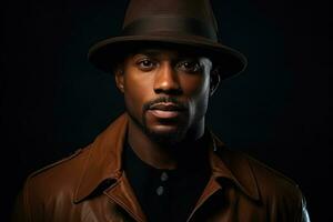 Portrait of a dark-skinned handsome man looking to the side. Dressed in a brown jacket and black hat. Portrait on black background. AI Generated photo