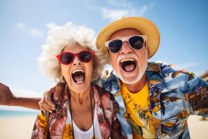 A happy seniors couple in traveling . photo