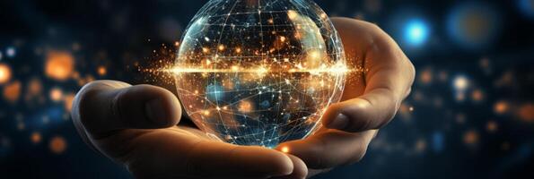 Hand of businessman touching circle global network connection and data exchanges on sunset background. photo