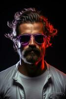 neón ligero estudio de cerca retrato de grave hombre modelo con bigotes y barba en Gafas de sol y blanco camiseta en oscuro estudio antecedentes. ai generado foto