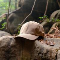 Photo of blank light brown baseball hat, ultra realistic, 8K, suitable to create hat mockup or cap mockup