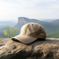 Photo of blank light brown baseball hat, ultra realistic, 8K, suitable to create hat mockup or cap mockup