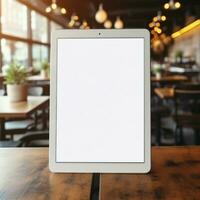 ai generativo alto calidad foto de grande tableta con blanco pantalla en el mesa, Perfecto a crear Bosquejo avance