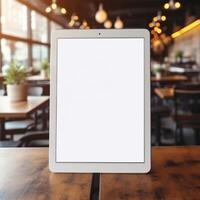 High quality photo of big tablet with blank screen on the table, perfect to create mockup preview