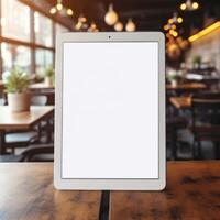 AI Generative High quality photo of big tablet with blank screen on the table, perfect to create mockup preview