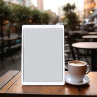 High quality photo of big tablet with blank screen on the table, perfect to create mockup preview
