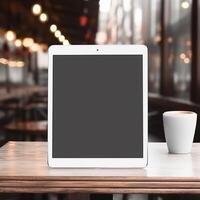 AI Generative High quality photo of big tablet with blank screen on the table, perfect to create mockup preview