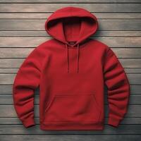 Blank red hoodie lying on the table, photographed from above photo