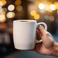 AI generative Women hand holding a white coffee mug, close - up, with blur background of cafe photo