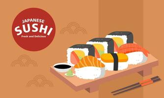 Vintage sushi poster design with vector sushi character