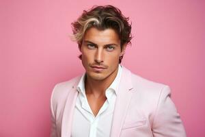 Portrait of fashion caucasian male model on pink background. AI Generated photo