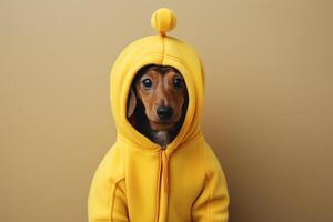 adorable dachshund puppy dressed in funny banana Halloween costume. AI Generated photo