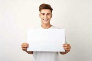 Happy young man holding blank white banner sign, isolated studio portrait. AI Generated photo