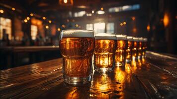 Shiny wet glasses full of beer with high foam on a bar table. AI Generated photo