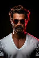 Neon light studio close-up portrait of serious man model with mustaches and beard in sunglasses and white t-shirt on dark studio background. AI Generated photo