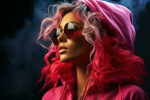 Neon profile portrait of young woman in sunglasses and hoodie. Studio shot with smoke in scene. AI Generated photo