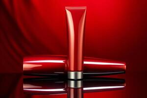 Metallic tube for hand cream, photographic style, red background. AI Generated photo