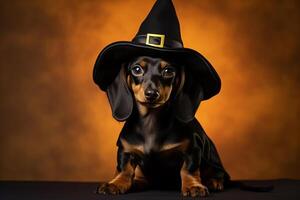 dachshund puppy dressed in funny witch Halloween costume. photo