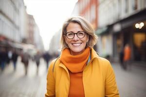 Happy attractive mature woman in the city . AI Generated photo