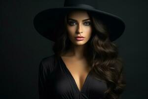 Dramatic dark studio portrait of elegant and sexy young woman in black wide hat and black dress. AI Generated photo