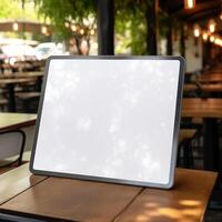 High quality photo of big tablet with blank screen on the table, perfect to create mockup preview