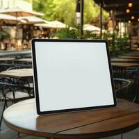 ai generativo alto calidad foto de grande tableta con blanco pantalla en el mesa, Perfecto a crear Bosquejo avance