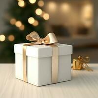 AI generative Blank gift box in white color on the table, perfect to create mockup preview photo