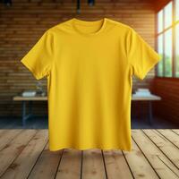 ai generativo alto calidad blanco camiseta en amarillo color, Perfecto a crear Bosquejo avance foto