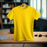 AI generative High quality blank t-shirt in yellow color, perfect to create mockup preview photo