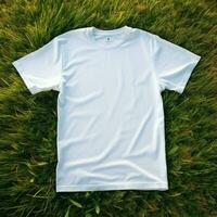 AI generative High quality of Blank white t-shirt on the green grass, perfect for mockup preview photo