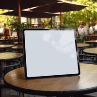 AI Generative High quality photo of big tablet with blank screen on the table, perfect to create mockup preview