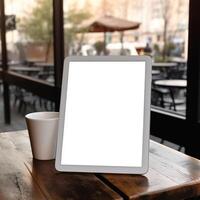 AI Generative High quality photo of big tablet with blank screen on the table, perfect to create mockup preview