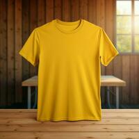 ai generativo alto calidad blanco camiseta en amarillo color, Perfecto a crear Bosquejo avance foto