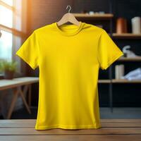 ai generativo alto calidad blanco camiseta en amarillo color, Perfecto a crear Bosquejo avance foto