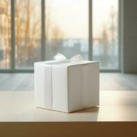 AI generative Blank gift box in white color on the table, perfect to create mockup preview photo