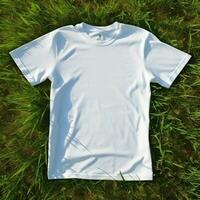 AI generative High quality of Blank white t-shirt on the green grass, perfect for mockup preview photo