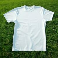 AI generative High quality of Blank white t-shirt on the green grass, perfect for mockup preview photo
