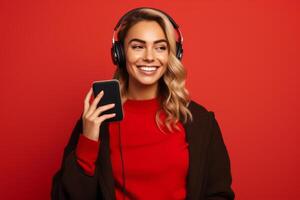 woman with phone on red background. AI Generated photo