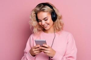 woman with phone on pink background. photo
