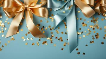 gold color of rolling ribbon and confetti on light blue background with copy space text or logo. AI Generated photo