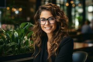 A handsome businesswoman in a suit and glasses. AI Generated photo